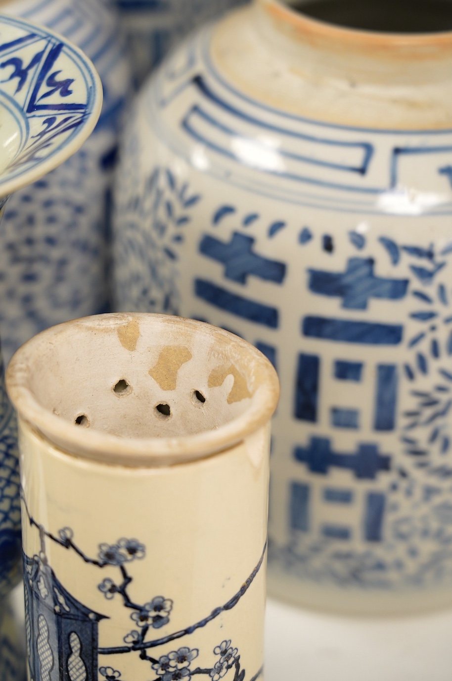 A group of oriental blue and white ceramics, tallest 24cm. Condition - varies